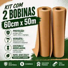 Kit 2 Bobinas Papel Semi Kraft 60cm x 50m para Pintura Mascaramento Embalagens Proteção Pisos e Móveis