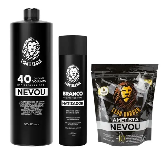 Kit Pó Descolorante Ametista 300g + Matizador Branco 250ml + Água Oxigenada 900ml (40 Volumes) – Leon Barber