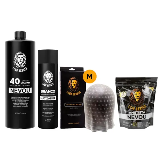 Kit Touca M + Pó Descolorante Ametista 300g + Matizador 250ml + Água Oxigenada 900ml (40 Volumes) – Leon Barber