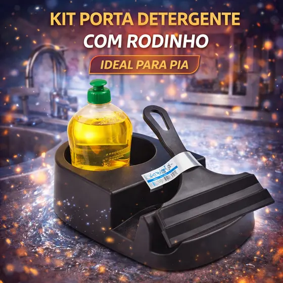 Kit Porta Detergente com Rodinho de Pia Preto Organizador Compacto Plástico Resistente para Cozinha