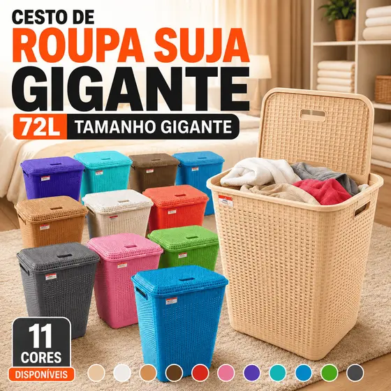 Cesto Roupa Suja 72L Tampa Grande Plástico Resistente Premium Organizador Lavanderia Banheiro Quarto