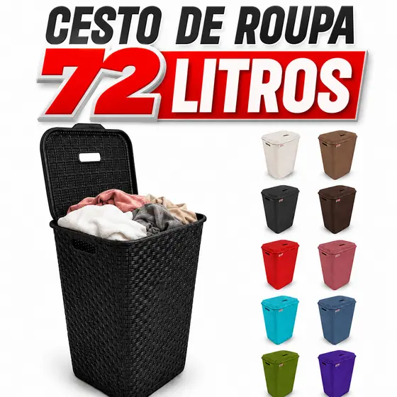 Cesto Balde Roupa Suja 72L Roupeiro Tampa Grande Plástico Reforçado Organizador Lavanderia Banheiro Quarto Resistente