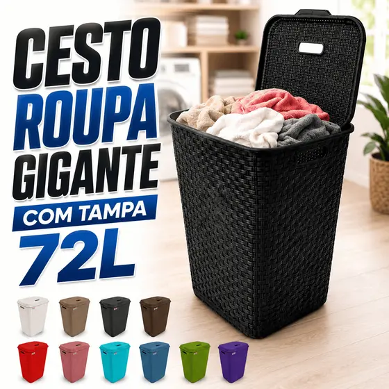 Cesto Roupa Suja 72L Gigante Tampa Plástico Reforçado Lavanderia Banheiro Área Serviço Família Resistente