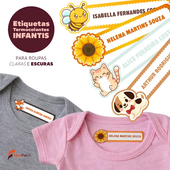 50 Etiquetas Termocolantes 5x1cm Infantil Bebê Creche Tecido