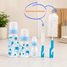 Kit 5 Peças Bebê 3 Mamadeiras Bico Silicone + 2 Escovas Limpeza
