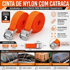 Cinta com Catraca Reforçada 2,5m x 25mm Kit 2 Unidades Fixação de Cargas e Bagagens
