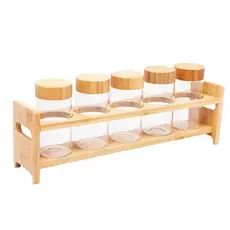 Conjunto 5 Porta Temperos Vidro Tampa de Bambu
