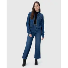 Calça Straight Cropped Feminina Barra Desfiada Em Jeans Com Elastano