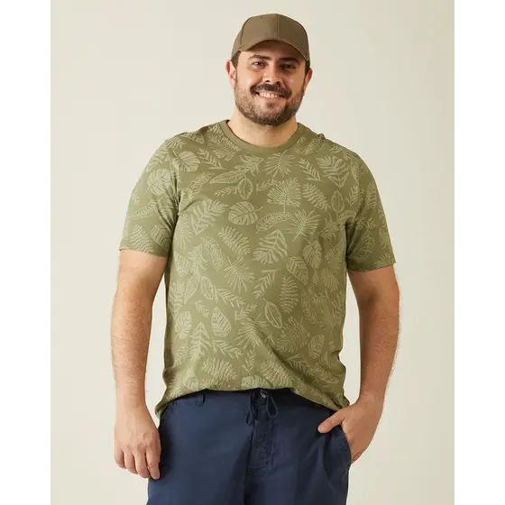 Camiseta Masculina Plus Size Folhagem Decote Redondo Meia Malha