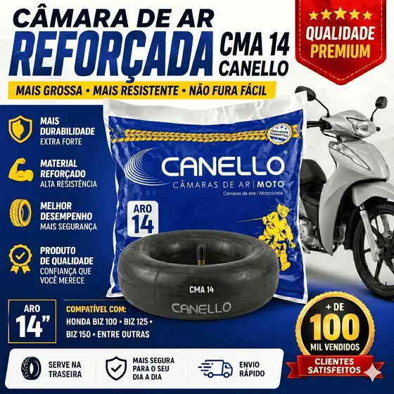 Câmara de Ar Traseira Mais Grossa Uso Urbano 80/100-14 Moto Honda Biz 100/125 e Similares | CMA 14 | CANELLO – 1 Unidade