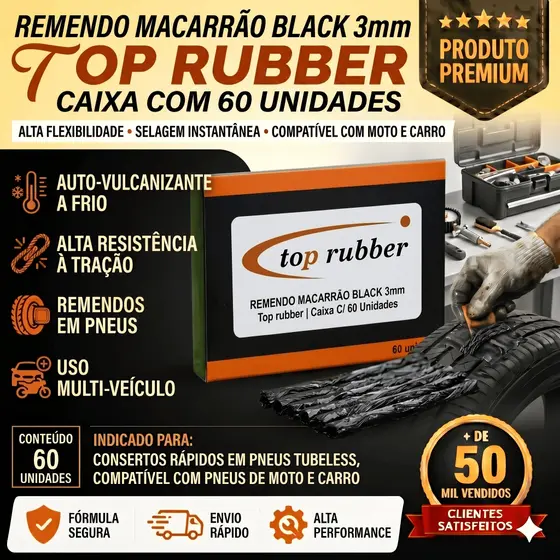 Remendo Macarrão Black 3mm | Caixa C/ 60 Peças | Top Rubber