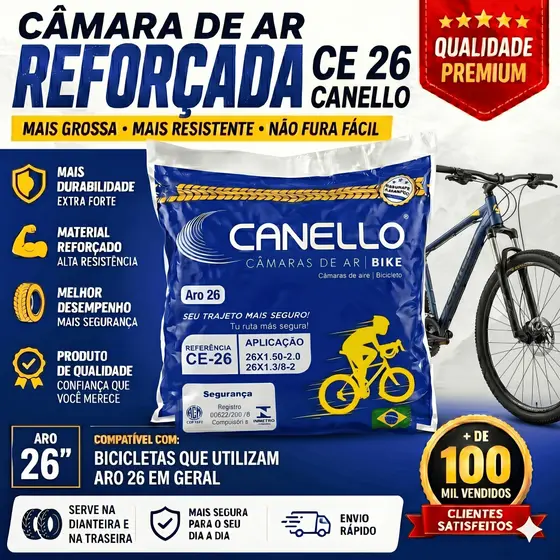 Câmara de Ar BICICLETA Mais Resistente Aro 26x1.50-2.0/26x3/8-2 | Canello | CE 26 | Válvula Schrader