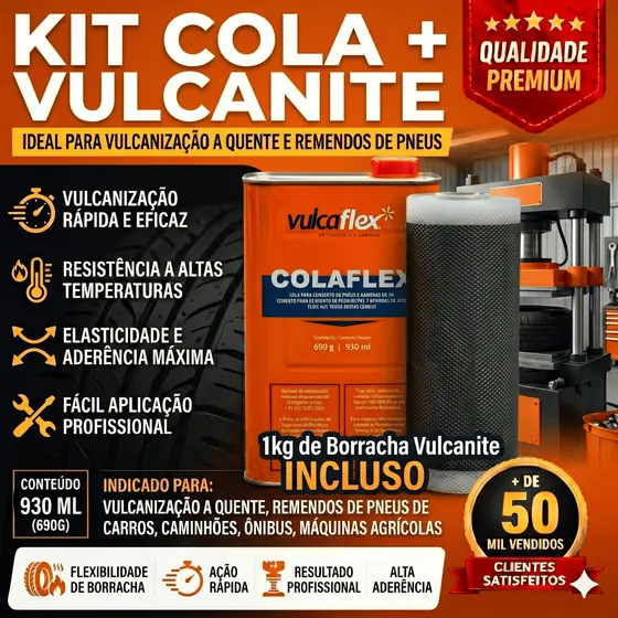 Kit Colaflex Preta Vulcaflex + 1kg de Borracha Reparo a Quente Vulcanite 0,8mm | VulcaFlex