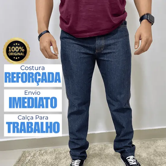 Calça Jeans Masculina Tradicional 100% Algodão Preto Costura Reforçada Trabalho/Serviço