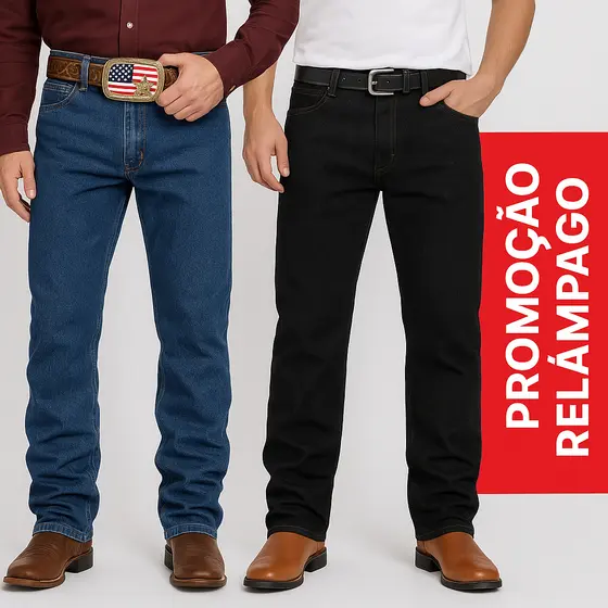 Kit 2 Calças Jeans Masculina Tradicional Reta Para Serviço Reforçada Azul e Preto