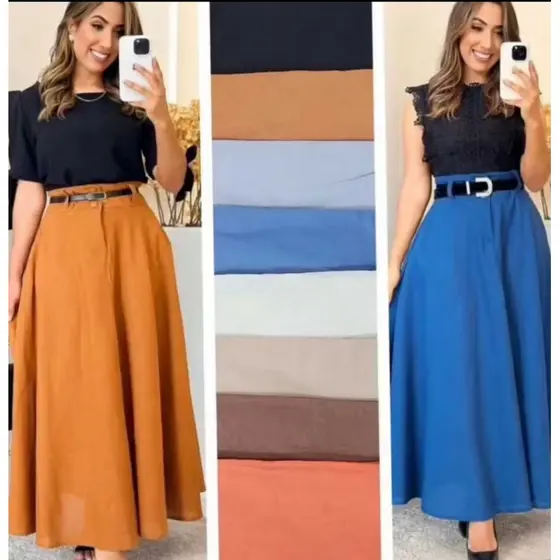 Saia Longa Rodada Feminina Alfaiataria Moda Evangélica Casual Básica Inverno Cintura Alta Elegante Tendência