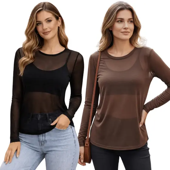 Kit 2 Blusas Blogueira Feminina Transparente Tule Manga Comprida Camiseta Treino Fitness