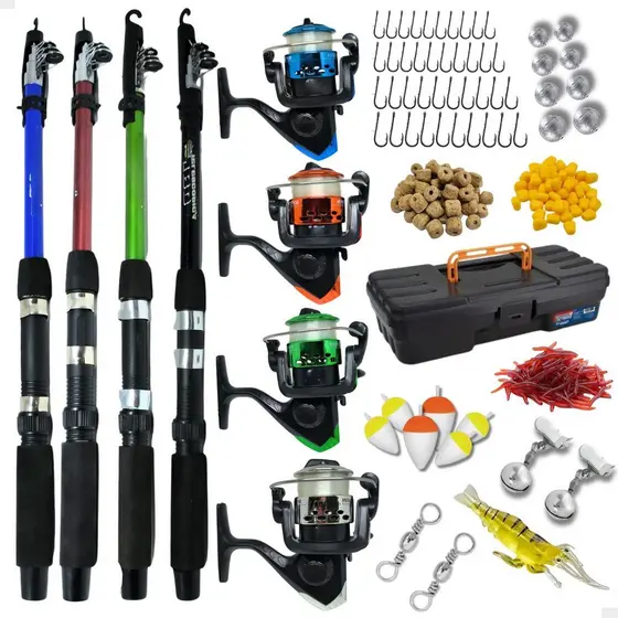 Kit De Pesca 4 Vara E 4 Molinete Com Linha Maleta Acessórios