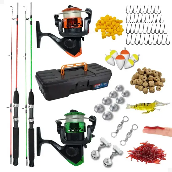 Kit Pesca 2 Vara 1,20m Fibra Vidro Maciça 2 Molinete + Linha Maleta Acessórios