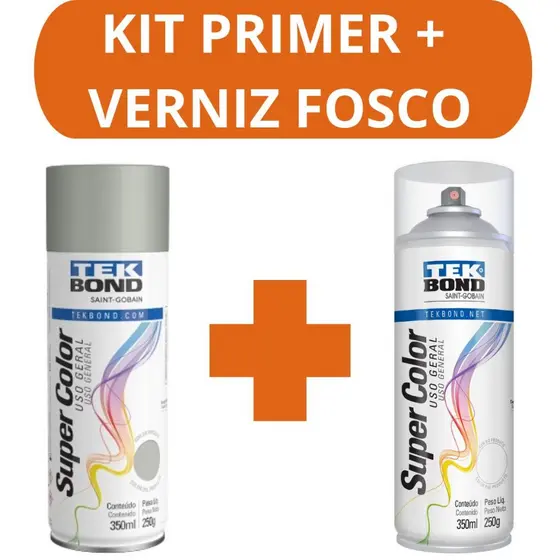 Kit Primer e Verniz Fosco 350ml Tekbond Aerossol Secagem Rapida Metal Madeira Ferro MDF Aço