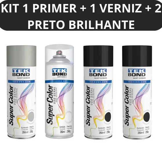 Kit 1 Primer 1 Verniz Brilhante 2 Preto Brilhante 350ml Tekbond Uso Geral Secagem Rapida Metal MDF