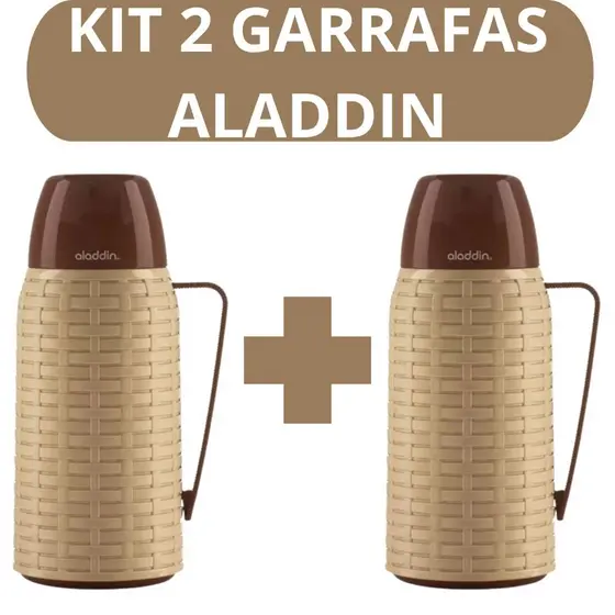 Kit 2 Garrafas Termicas Aladdin 1 Litro Original Com Alça Garrafa de Cafe Cha Chimarrao Rattan Bege Marrom