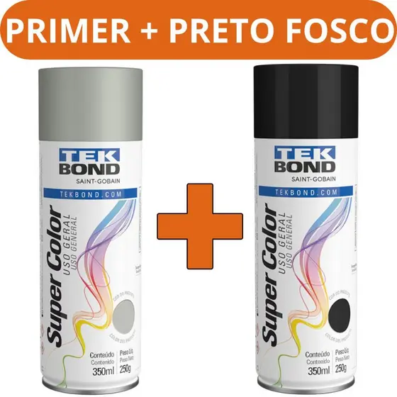 Kit Primer e Preto Fosco 350ml Tekbond Fundo Preparador Tinta Spray Metal Madeira Ferro MDF