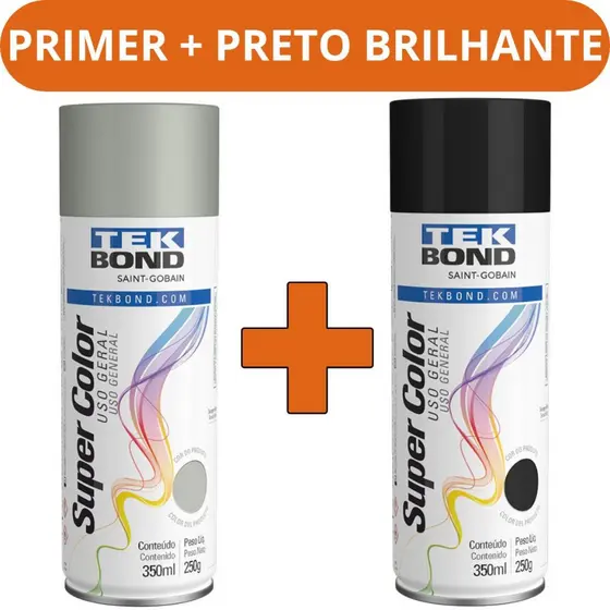Kit Primer e Tinta Preto Brilhante 350ml Tekbond Fundo Preparador Tinta Spray Metal Madeira Ferro