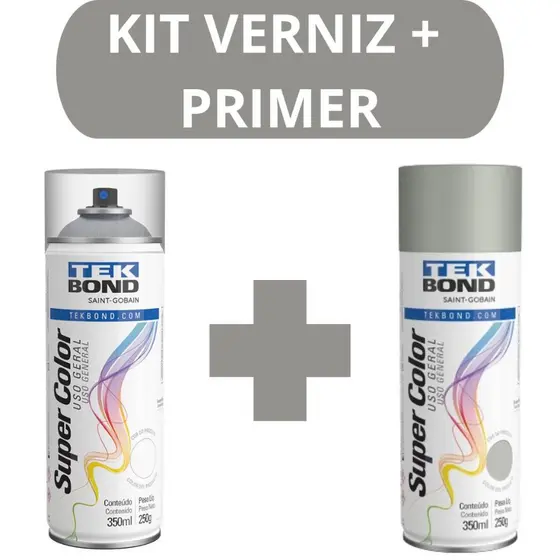 Kit Verniz Brilhante e Primer 350ml Tekbond Aerossol Secagem Rapida Metal Madeira Ferro MDF