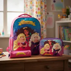Kit Mochila de Rodinhas Infantil Princesas com Lancheira Térmica e Estojo 3 Peças