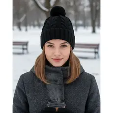 Touca De Frio Com Pompom Preta Gorro De Lã Tricot Inverno