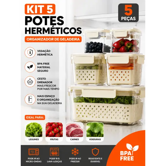 Kit 5 Potes Organizador de Geladeira Caixa Organizadora Cesto Cozinha Mantimentos Empilhável