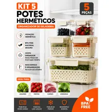 Kit 5 Potes Organizador de Geladeira Caixa Organizadora Cesto Cozinha Mantimentos Empilhável