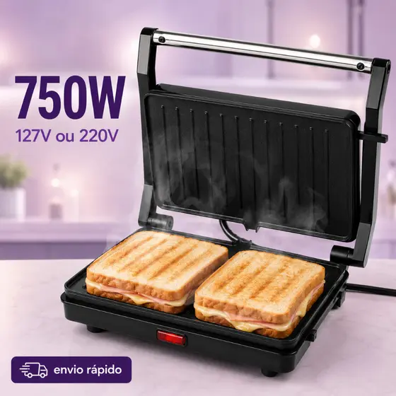 SANDUICHEIRA GRILL ELÉTRICA 2 EM 1 MULTIUSO INOX PRETA KAZA+