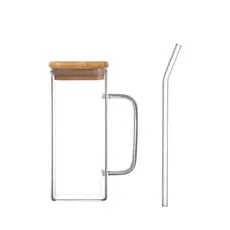 CANECA DE VIDRO 400ML C/TAMPA DE BAMBU E CANUDO REUTILIZÁVEL WOLFF