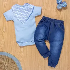 Conjunto Body Curto E Calça Jeans Com Bandana Azul Claro