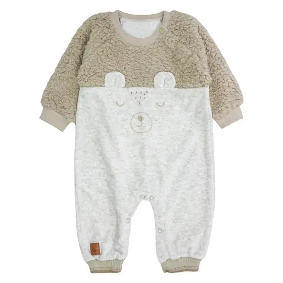 Macacão Longo Plush Pelúcia Para Bebê Bordado Ursinho Bege