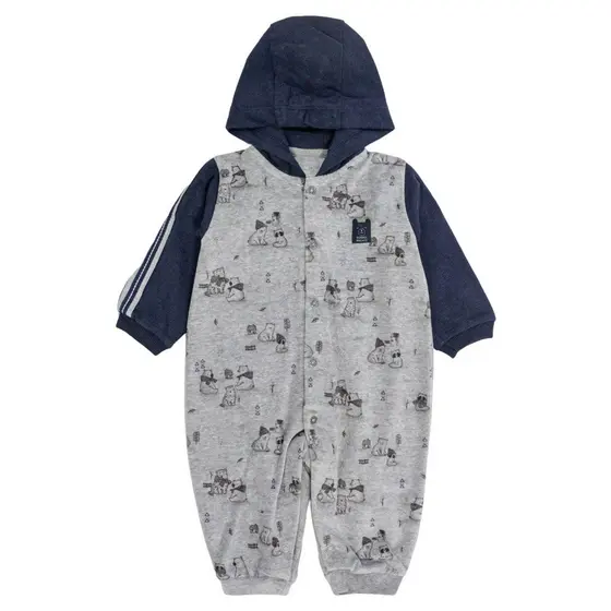 Macacão Longo Plush Capuz Bebê Menino Estampadinho Mescla