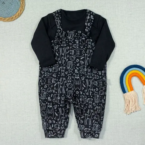 Conjunto Jardineira Minimalista Body Longo Floresta Preto