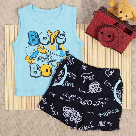 Conjunto Curto Regata E Bermuda Bebê Estampa Boys Azul Claro