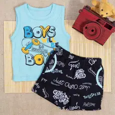 Conjunto Curto Regata E Bermuda Bebê Estampa Boys Azul Claro