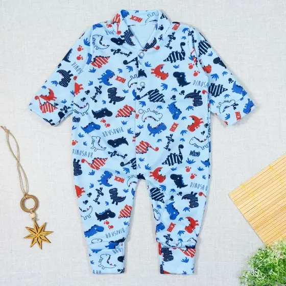 Macacão Bebê Longo 4 Botões Estampadinho Dino Azul Claro