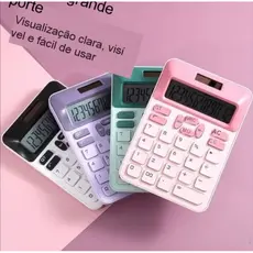 Calculadora Mesa Comercial Escritório Grande 12 Dígitos Solar e Pilha Rosa