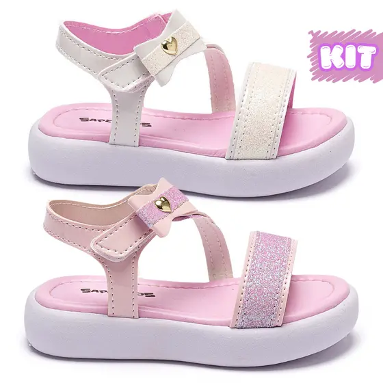 KIT 2 PARES Sandália Infantil Menina Branca e Rosa Tamanho 20 ao 27 Sapekitos