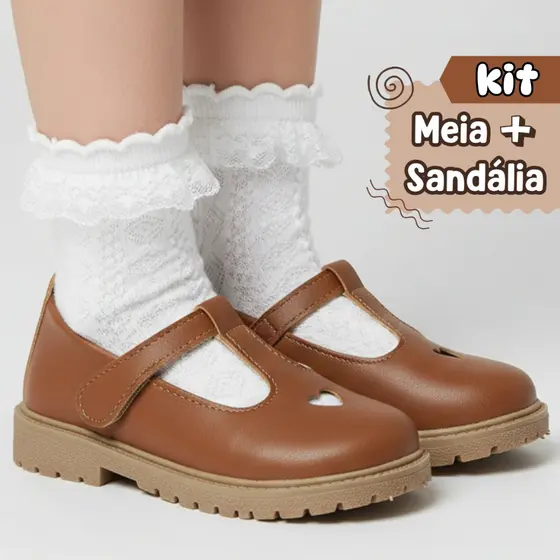 Kit Sapato Infantil Mary Jane + Meia Babado de Renda Menina Tamanho 22 ao 27 Sapekitos