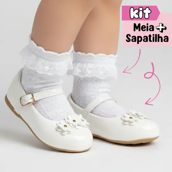 Kit Sapatilha Infantil Menina + Meia de Renda Babado para Festa Daminha Batizado Casamento Sapekitos