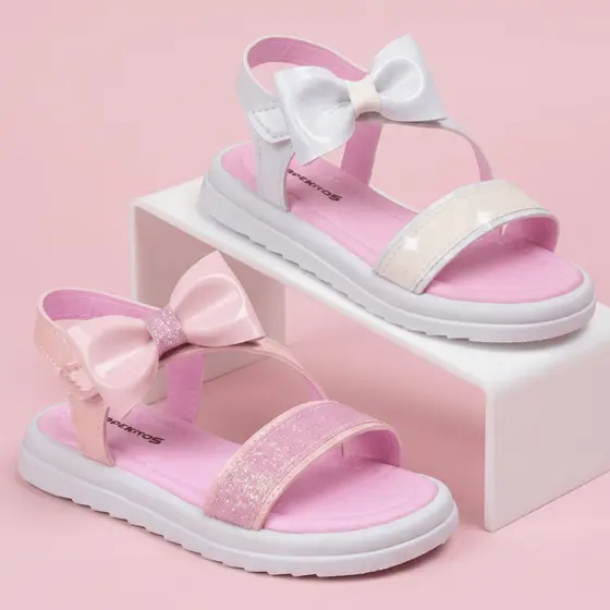 Sandália Infantil Menina Laço Rosa e Branca Glitter Leve e Confortável Tamanho 22 ao 32