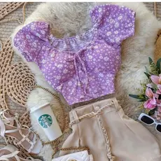 Cropped feminino Manga Curta Ciganinha Biquinho Corceler Com bojo Florido Estampado Top Blusa Blusinha verão 2025