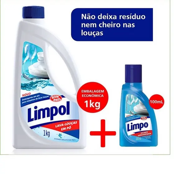 Kit Lava Louças em pó Limpol  1Kg mais Liquido Secante Abrilhantador 100 ML - BOMBRIL Para maquina de Lavar Louça