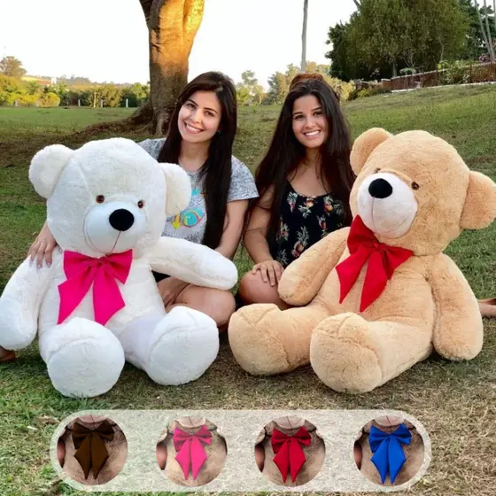 Urso de Pelúcia Gigante 1,10 Metros e 90cm Soft Antialérgico Ursinho Teddy Laço 100% Poliéster